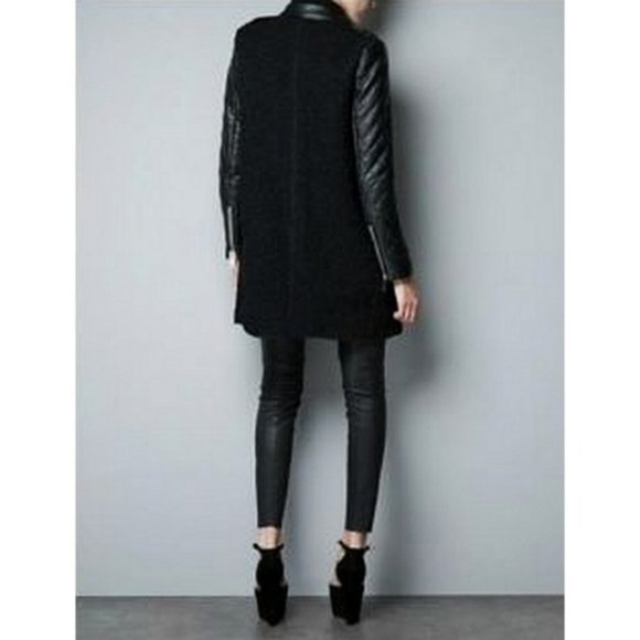 💥EDGY CHIC💥QUILTED LAMBSKIN LEATHER SLEEVES MOHAIR MOTO COAT in BLACK - Picture 5 of 16